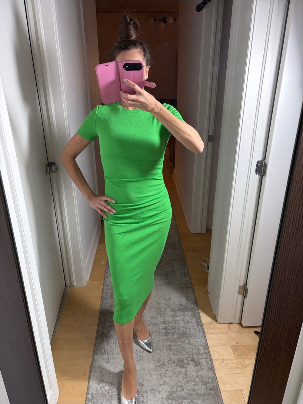 Zara Neon Green Midi Dress with Short Sleeves